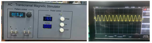 자체 개발한 AC-TMS 자극 장치(좌측) 및 코일을 통해서 인가되는 AC-TMS 자극(우측)