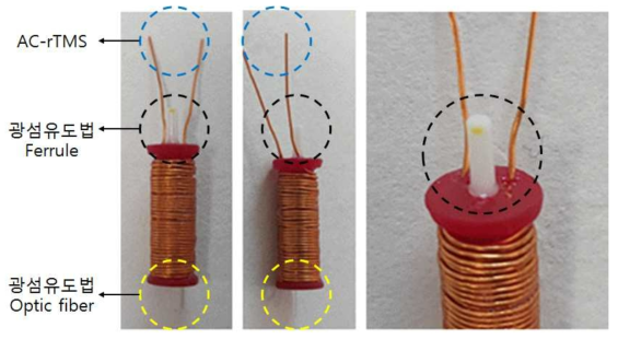 3D 프린팅을 통해서 제작된 섬유 광도법 TMS 코일(좌:정면, 가운데:후면, 우:섬유 광도법 cannular 확대 이미지)