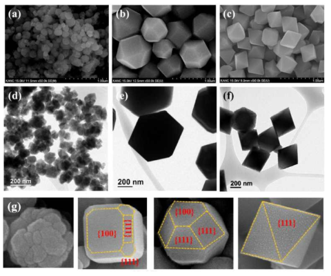 SEM and TEM images for SFO (a, d), Tetra-SFO (b, e) and Octa-SFO (c, f), the possible formation mechanism of Octa-SFO (g) [대표적연구업적 #5]