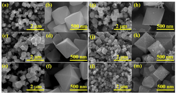 SFO Octahedron nanoparticles with Au decoration: (a-b) Octa-SFO NPs, (c-d) HNO3 acid treated Octa-SFO NPs, (e-f) H2SO4 acid treated Octa-SFO NPs. (g-h) Au/Oct-SFO. (j-k) Au/HNO3 treated Octa-SFO. (l-m) Au/H2SO4 treated Octa-SFO. (Manuscript in preparation)