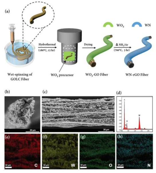 a) The schematic image of fabrication of well-aligned fibers. b) The cross-sectional SEM image of rGO fiber by wet-spinning. c and d) The lateral SEM image and associated EDS spectrum of metal nitride rGO fiber. e-h) EDS elemental mapping of WN-rGOF based on an area selected from the region of WN-rGOF