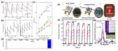 화학센서 응용 (a~c) 탄소나노튜브-WS2 하이브리드 복합재료의 향상된 가스 반응성, (b) 온도에 따른 가스센서의 민감도, (c,d) 가스 종류에 따른 선택성, 광센서 응용 (e) LED에 통합된 MoS2 광센서의 모식도 및 사진, (f) 가시광선 중 Red에 의한 MoS2의 실시간 광반응성, (g) UV를 선택적으로 흡광하여 Red만을 발광하는 광반응성 나노입자