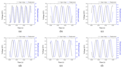 (a) 160Hz at 1 kPa, (b) 115Hz at 5 kPa, (c) 110Hz at 10 kPa, (d) 110Hz at 15 kPa, (e) 110Hz at 20 kPa, (f) 110Hz at 25 kPa