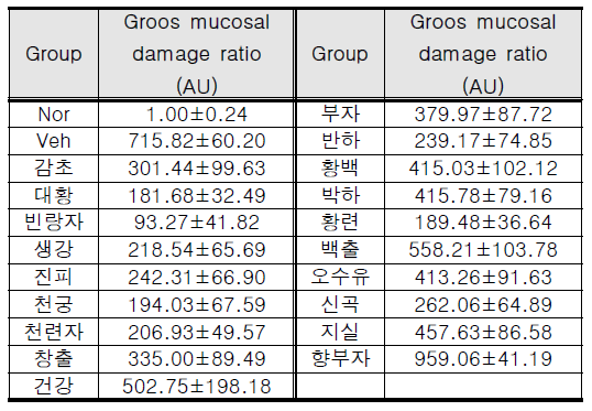 후보 단미 한의약물의 식도점막 손상도 측정