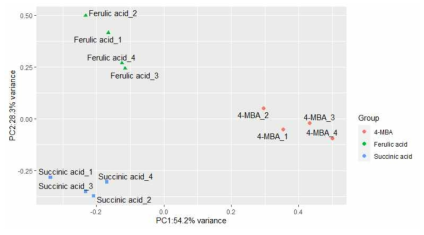 PCoA analysis of RNA-seq results under each supplied carbon sources (succinate, 4-methoxybenzoate, ferulate)