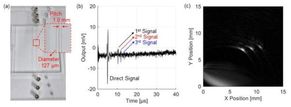 (a) Wire Phantom (b) 일체형 송, 수신 모듈에서의 Pulse-echo signal Raw data (c) Z=0 평면 2차원 이미지(Wire 길이 방향에 수직한 평면)