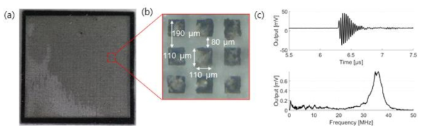 (a) Light-Induced Ultrasound Transducer Array and (b) elements (c) Spin coating으로 제작한 소자 고주파 트랜스듀서의 A-Scan과 FFT