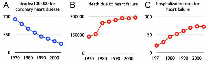 심장 질환 통계. A. 관상동맥질환 사망률 B. 심부전 사망률 C. 심부전 입원