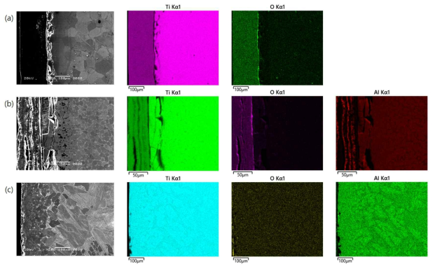 티타늄-열처리 시험편의 EDS 면분석 결과 (a) Ti-900℃-10hrs-FC-Air, (b) Ti6Al4V-900℃ -10hrs-FC-Air 및 (c) Ti6Al4V-1000℃-10hrs-FC-Ar