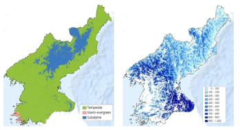 RCP 8.5 시나리오 2050년대의 북한 산림서식처 예측(좌), 수자원 공급기능 예측(우)