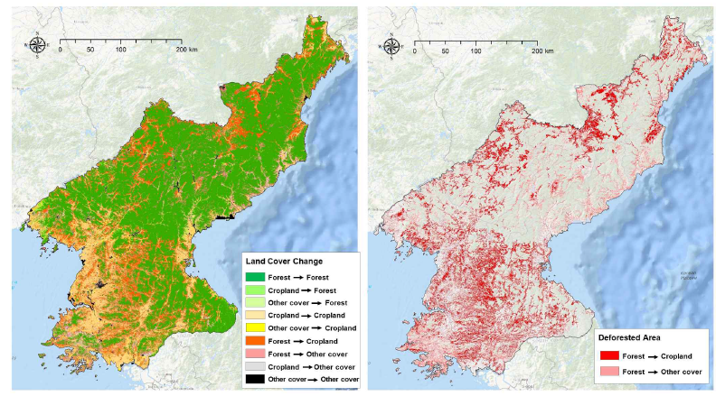 Landsat 위성 기반 토지피복도를 활용한 토지피복변화 분석 및 황폐지 추출 결과