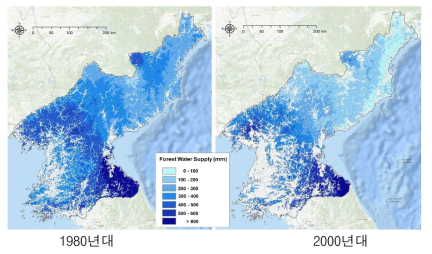 InVEST 모형을 활용한 북한 산림의 수자원 공급기능 변화 추정 결과