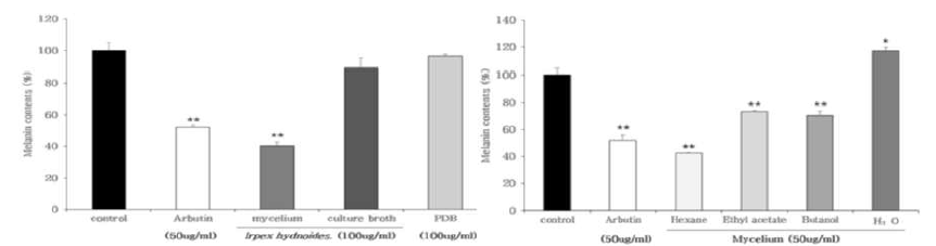 The effect of mycelium and culture broth of Irpex hydnoides on melanin contents in Melan-a cell