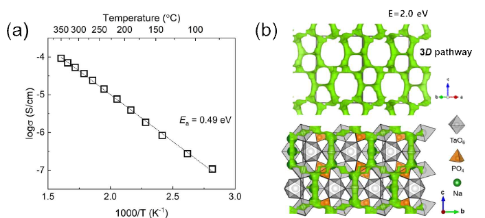 (a) NaTa2PO8의 온도에 따른 이온 전도도와 (b) NaTa2PO8의 소듐 이온 이동경로