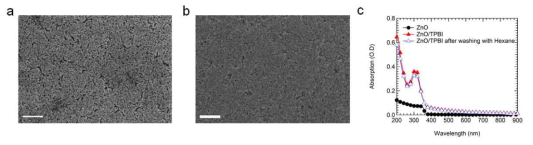 (a) ZnO 나노입자 박막, (b) ZnO/TPBi 이중 박막 표면 SEM 이미지, (c) TPBi 층의 용매내성 테스트 결과