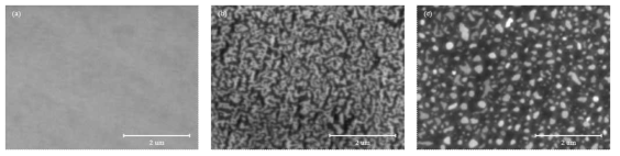 N2 상압 분위기에서 ~500 ℃의 온도로 열처리했을 때 Au 박막이 Dewetting 되어 고립된 Island들이 형성되는 과정을 보여주는 SEM 이미지. (a) 열처리하지 않을 경우, (b) 1분간 열처리 후, (c) 30분간 열처리 후