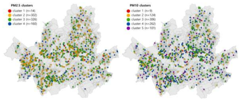 PM2.5 군집별 S-DoT 센서 위치(좌) 및 PM10 군집별 S-DoT 센서 위치(우)