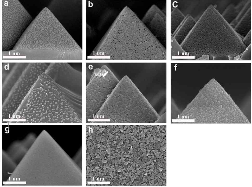 (a-c) One-step 방법으로 증착된 CuI 필름의 SEM 이미지, (a) 30nm; (b) 80nm; (c) 100nm. (d-f) Two-step 방법으로 증착된 CuI 필름의 SEM 이미지 (d) 10nm; (e) 30nm; (f) 80nm. (g) 실리콘 기판의 온도가 120 °C인 상태에서 증착된 CuI 필름의 SEM 이미지, (h) 유리 기판 위에 증착된 CuI 필름의 SEM 이미지