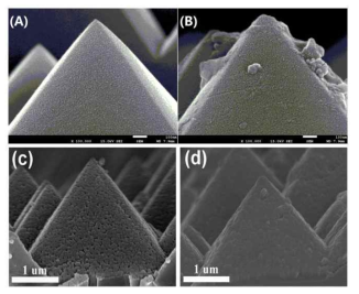 Si 웨이퍼 위에 증착된 박막의 cross-sectional SEM 이미지 (a) WO3 10nm, (b) WO3 20 nm, (c) Si/CuI, (d) Si/WO3/CuI