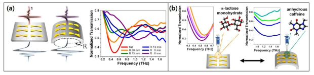 (a) 유연 기판의 기계적 구부림 정도에 따른 보우타이 안테나의 공명진동수 제어. (b) 분자의 흡수 증폭 현상을 이용한 소자의 투과 특성 변화
