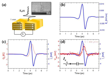 (a) Al2O3가 채워진 금속 나노 슬릿의 SEM 이미지 및 그림. (b) 금속 나노 슬릿에 입사하는 테라헤르츠 전기장 펄스. (c) 입사 테라헤르츠 전기장 펄스에 의한 금속 나노 소자에 인가된 전류(파랑) 및 전하량(빨강) 펄스. (d) 투과 테라헤르츠 전기장 펄스에 의한 소자에 걸린 전압 펄스