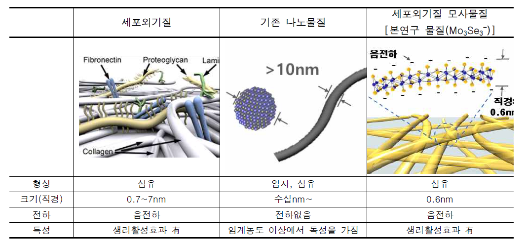 세포외기질과 본연구물질인 나노세포외기질 신물질의 비교