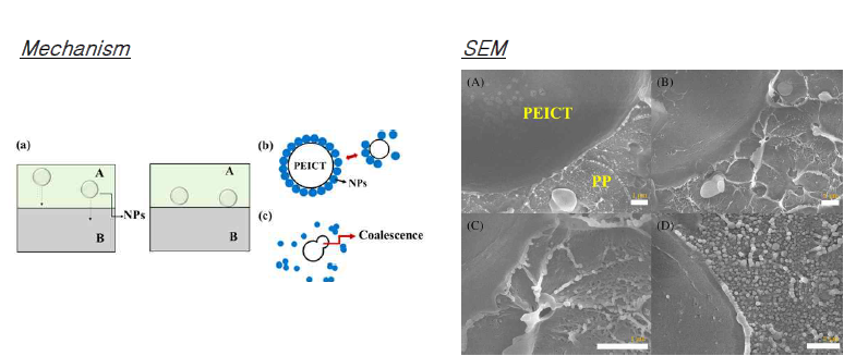 나노입자에 의한 응집 억제 모식도 (좌), 나노입자에 따른 블렌드의 단면 (우)