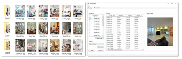 수집된 실내디자인 이미지의 일부 예시(좌)와 딥러닝 학습을 통해 개발된 실내디자인 스타일인식 프로그램의 인터페이스 예시(우) (1차년도 보고서 참조)