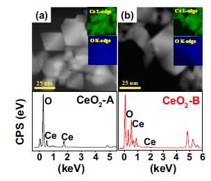 CeO2-A와 CeO2-B 촉매의 energy dispersive spectroscopy (EDS)를 이용한 TEM-STEM 이미지