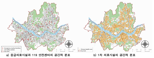 서울시 내 1차 및 응급의료시설 공간적 분포