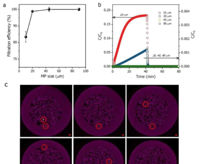 (a) 입자크기 별 모래여과 제거 효율. (b) 미세플라스틱 흡착에 따른 예측 파과곡선. (c) X-CT 이미지