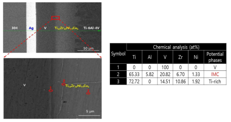 SUS304/Ag/V/Ti50Zr30Ni14Cu6/Ti6Al4V 접합계면부의 SEM-BSE 사진 및 EDS 결과