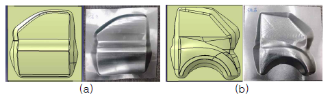 (a) Front door 및 (b) Rear side fender 의 1/4 캐드 모델 및 성형품