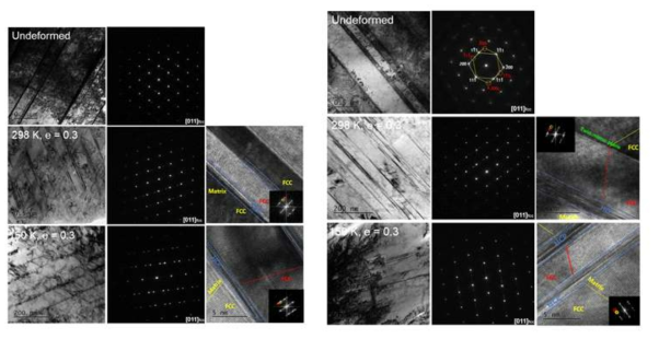 공칭 변형률 e = 0.3일 때 상온(298K) 및 극저온(~150K)에서의 미세조직 TEM 이미지: (왼쪽) as-built 시편과 (오른쪽) HIP 처리 시편