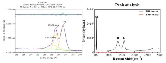 산화 그라핀의 XPS 분석 그래프(좌), Raman Spectroscopy 그래프(우)