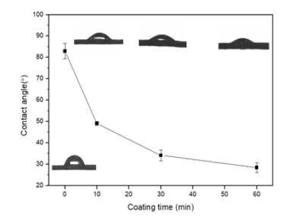 N2 플라즈마 처리된 vicryl에 콜라겐 코팅시간에 따른 접촉각 변화