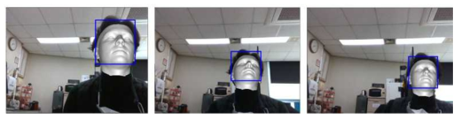딥러닝을 통한 머리 인식 및 자세 검출, 자세별 검출사진(네모: 인식된 머리영역, 회색 3D얼굴: 계산된 머리자세)