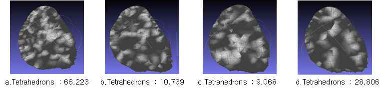 Tetrahedron 생성 후 개수의 변화를 통한 시뮬레이션 모델의 최적화 과정 : 생성된 결과를 모델의 단면으로 표시