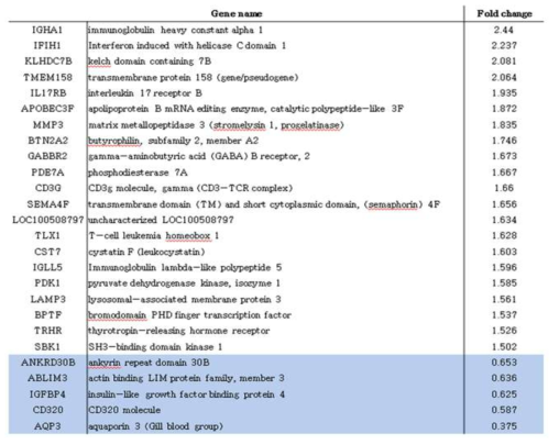 선행연구를 통해 선정된 전이 관련 유전자 리스트