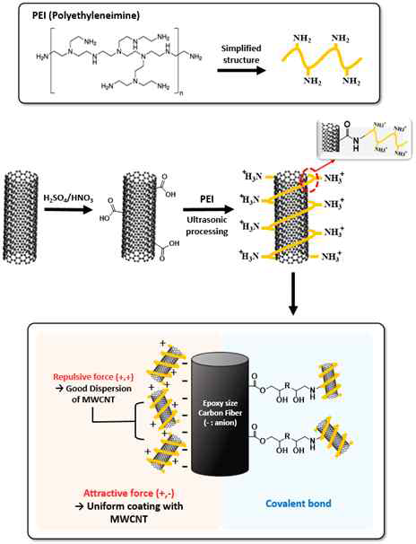 개질된 MWCNT에 의한 탄소섬유 코팅 원리