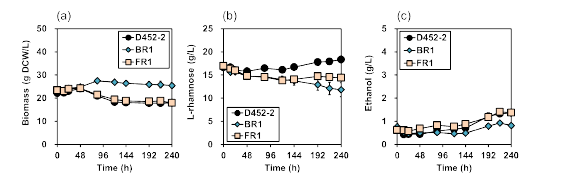 비교 균주(YE9) 및 L-rhamnose 발효 균주(BR1 및 FR1)의 L-rhamnose 발효 결과(a, 세포 농도; b, L-rhamnose 소비; c, ethanol 생산)