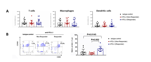 종양 내 T 세포, 대식세포 및 수지상세포는 anti-PD-L1에 대한 반응성과 무관하게 유사한 비율로 존재하지만, T 세포 중에서 CD103+CD69+ 특성을 보이는 조직 상주 림프구 의 경우에는 anti-PD-L1 반응군에서 대조군과 비반응군에 비해 높은 비율로 존재함