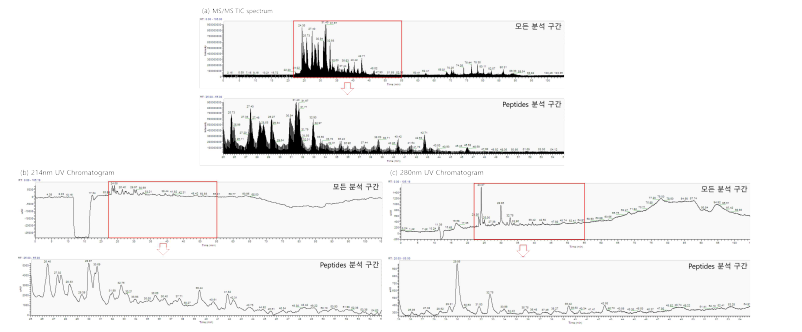 Human serum의 모든 분석 구간과 peptides 분석 구간에서의 (a) MS/MS TIC spectrum, (b) 214 nm UV chromatogram, (c) 280 nm UV chrom