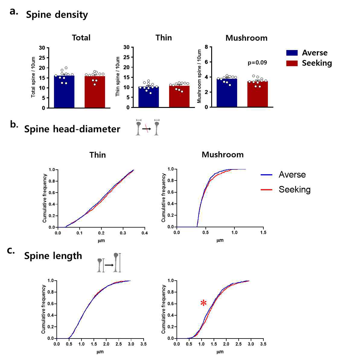 a. 위험회피 그룹과 위험추구 그룹의 NAcc 내로 AAV5-copGFP를 넣어 신경세포를 labeling 한 후 spine density를 나타내는 막대 그래프. b. Spine head diameter와 spine length의 모 양 변화를 그룹별로 비교한 cumulative frequency 그래프