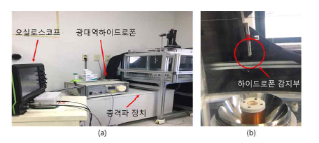 충격파 측정. (a) 광대역 하이드로폰을 이용한 충격파 측정 장치, (b) 충격파 집속기 초점 위치에 하이드로폰 감지부가 위치한 사진