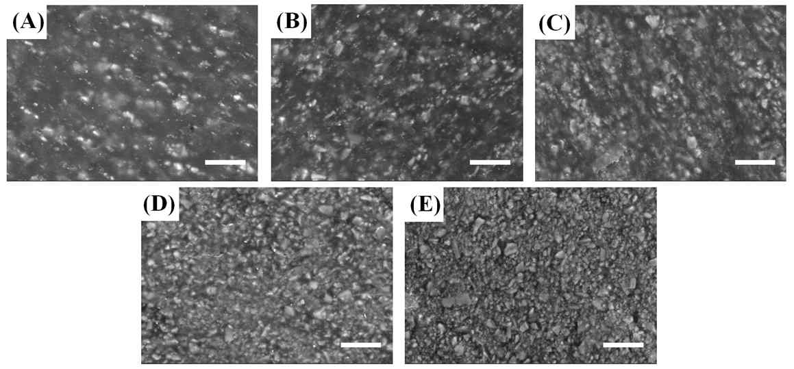 SEM micrographs of polystyrene with various volume percent (vol.%) of β-CaSiO3 glass-ceramics (A) 10vol.% (B) 20vol.% (C) 30vol.% (D) 40vol.% (E) 50vol.%