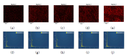 EDS mapping micrographs ((a)-(e), bar = 50 μm) and EDS map sum spectrums (f)-(i) of MgO / polytetrafluoroethylene composites with 0.1~0.5 volume fraction (Vf) of MgO