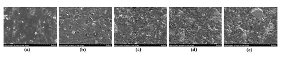 SEM micrographs of Mg(Ti0.95Sn0.05)O3/polystyrene composites with various volume fraction (Vf) of ceramics [(a) Vf = 10%, (b) Vf = 20%, (c) Vf = 30%, (d) Vf = 40%, (e) Vf = 50%]