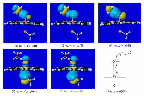 Transition state에서 Axial ligand와 reaction center에서의 donor-acceptor interaction. 그림(a)~(e) 강한 doner-acceptor interaction의 오비탈. (f) 그림 C의 루이스 구조