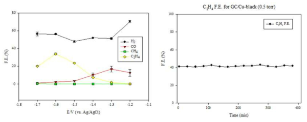 Nanoporous black Cu를 활용한 이산화탄소 환원 결과.